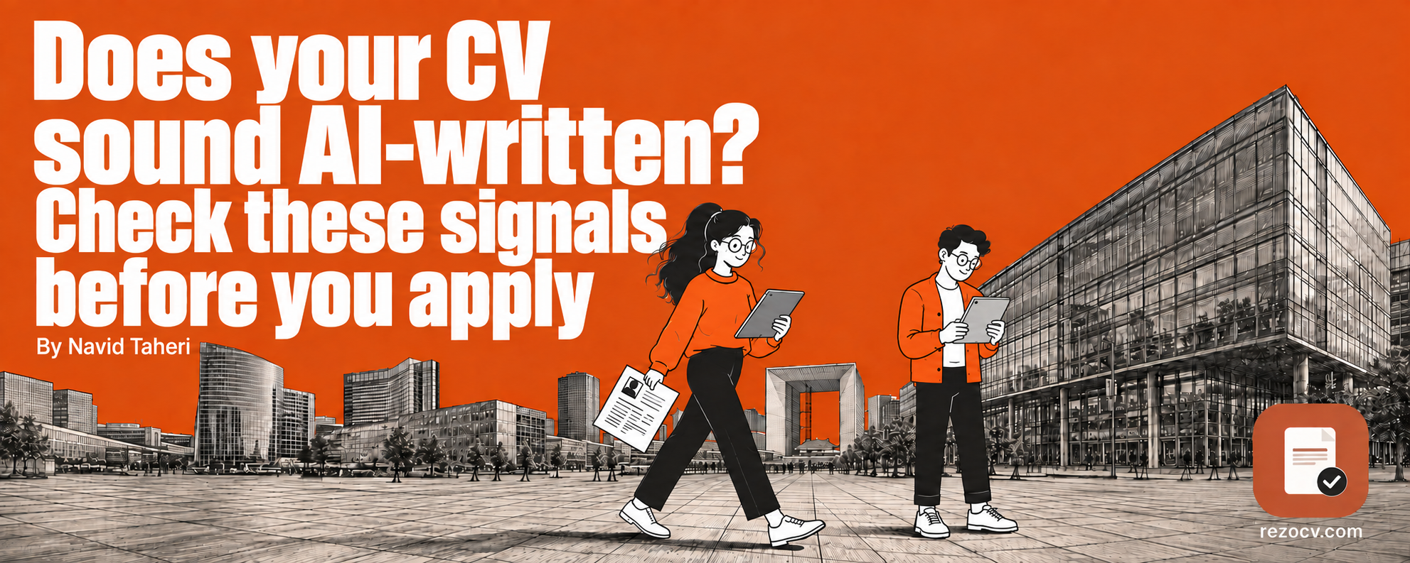 Orange and red illustrated cover showing two people reviewing CVs beside the headline Does your CV sound AI-written?