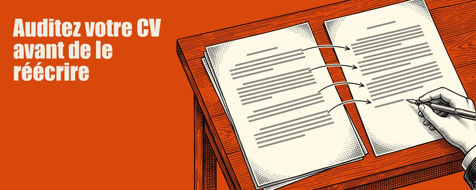 Un bureau vu de haut avec une annonce imprimée à gauche et un CV à droite, reliés par quatre flèches, gravure à l'encre sur fond orange uni.