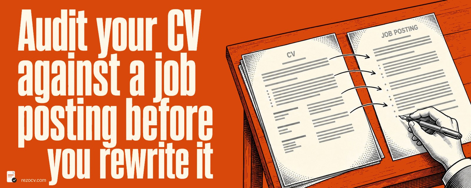A desk seen from above holding a CV and a job posting side by side, with four arrows drawn from lines on the CV to matching lines on the posting, illustrated in ink on a solid orange background.