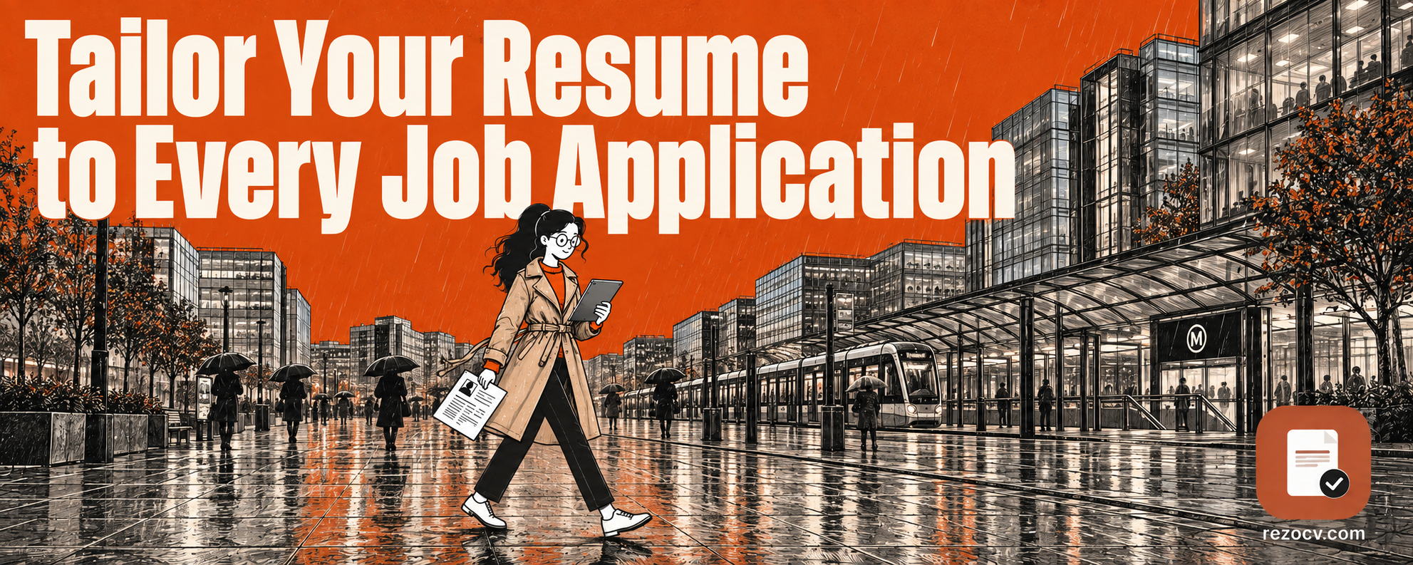 Illustrated woman reviewing a CV in an orange city scene with the headline Tailor Your Resume to Every Job Application.